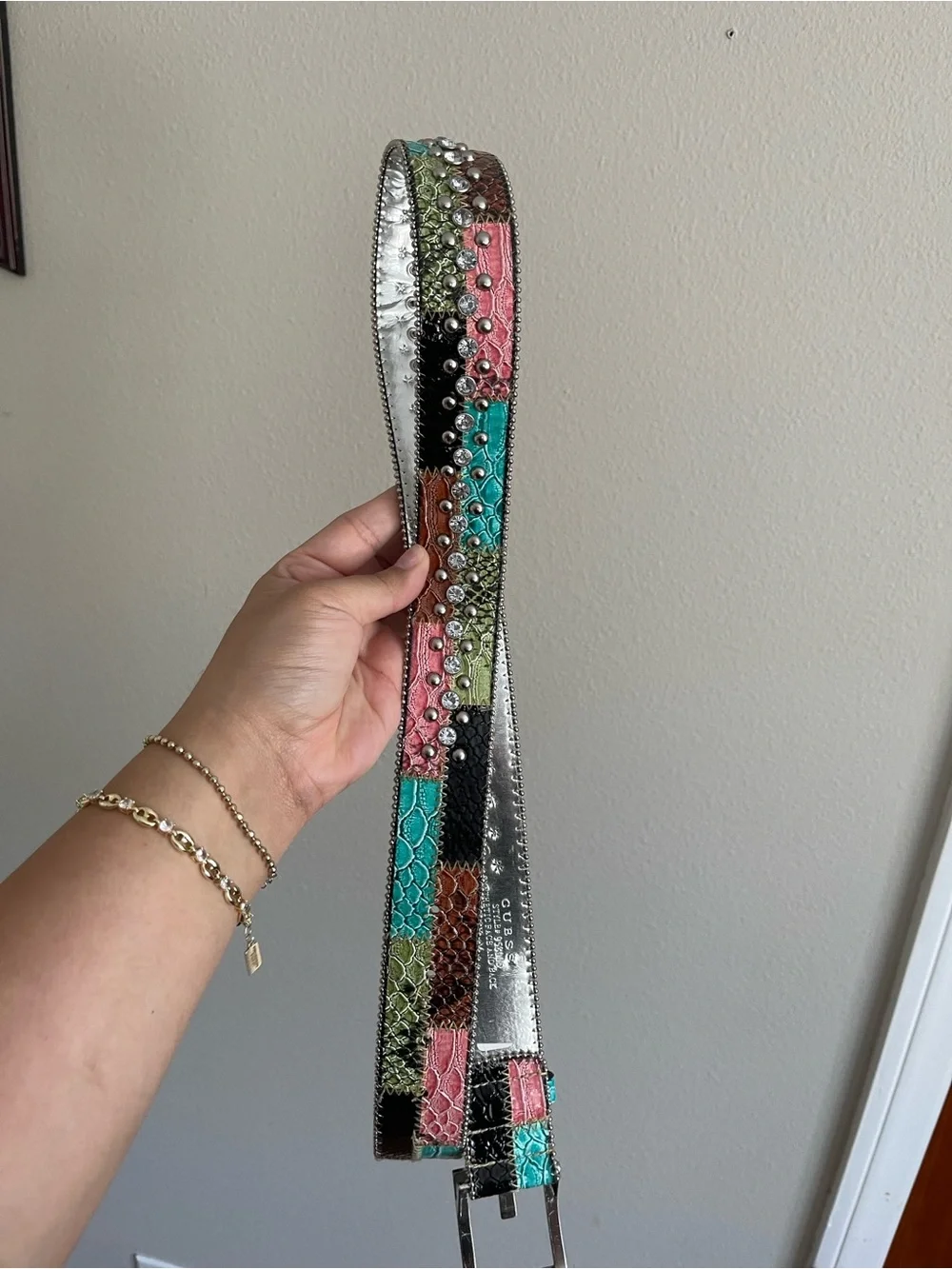 Guess Patchwork Studded Leather Belt in Turquoise, Pink & Black